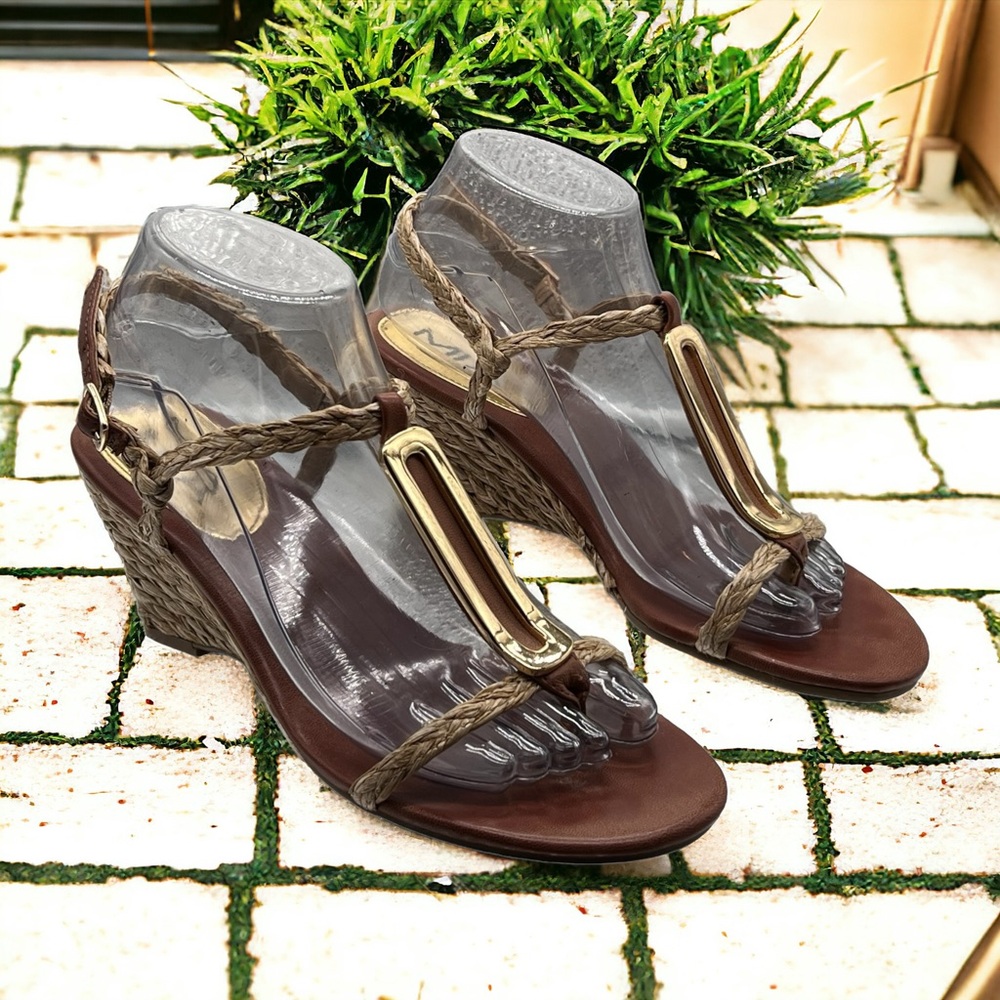 Mia Tinker Raffia Wedge Sandals, Size 7.5